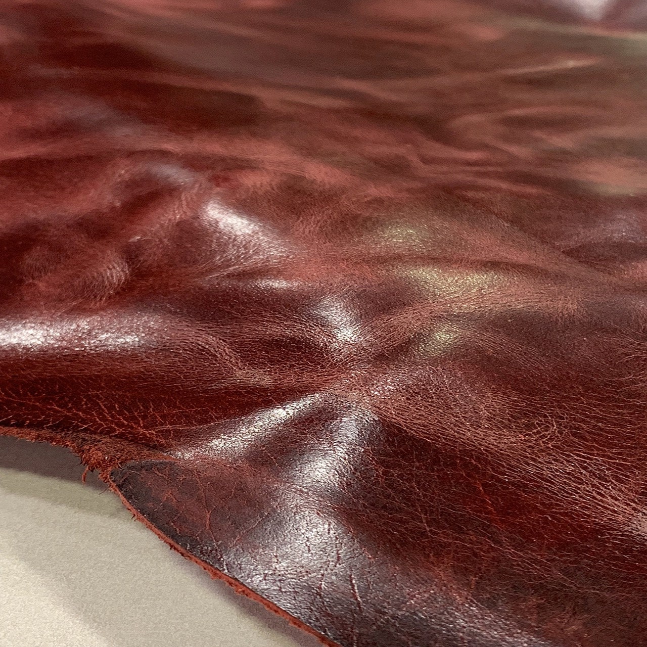 Dark Red Waxed leather hide, Antiqued Distressed Cowhide leather