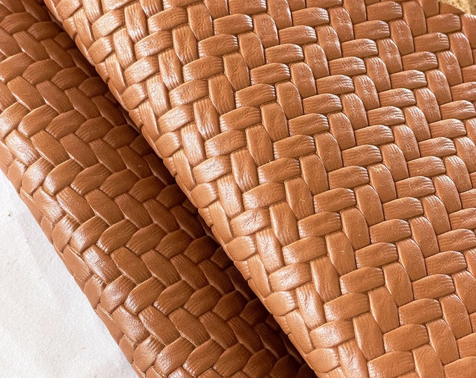 Tabba Brown Woven Pattern Leather, Genuine Italian Calf Skin, Stamped Leather for Bag Making, Shoemaking, Crafts and DIY, Durable Leather