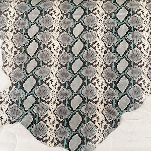Beige Snake Print with Light Blue Details, Genuine Italian Goat Leather, Python Pattern Leather Hides for Crafts and DIY, Exotic Prints