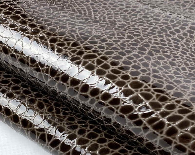 Brown Glossy Snake Print Leather, Calf skin, Leather hide for shoemaking, bag making, Shinny leather for DIY leather projects, Italian skins