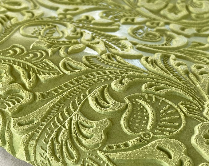 Lime Green Floral Print Leather, Floral Pattern Calf Skin for Bag making, Shoemaking, Crafts, Upholstery and DIY, Genuine Italian Leather