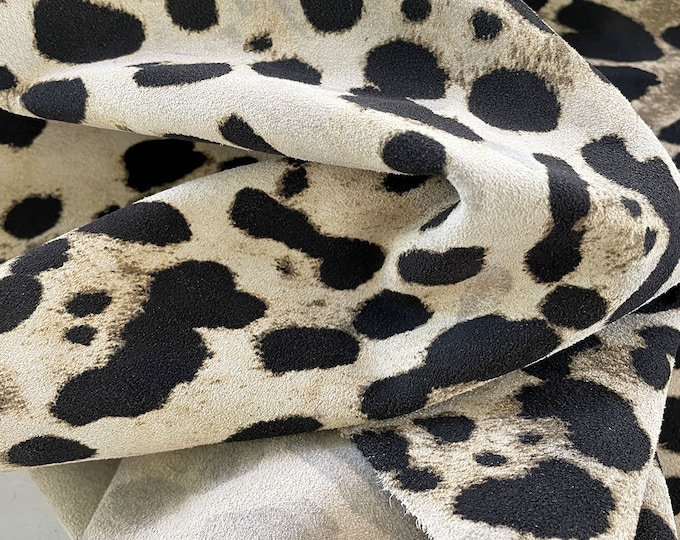 Off-White Leopard Print Split Suede Leather, Leopard Pattern Calf Skin, Leather for Bags. Handbags, Shoemaking, Leather projects and DIY