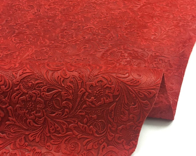 Red Stamp leather Hide, Artfully flower patterned leather for handbags and accessories. Beige leather hide, Cowhide leather