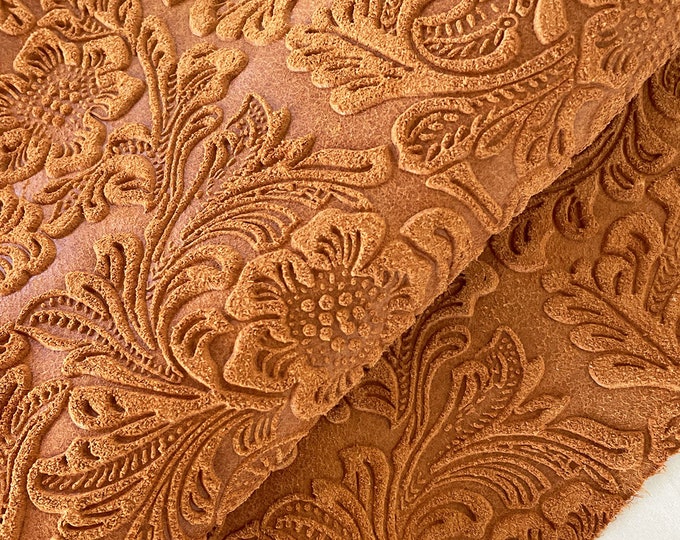 Tabba Brown Floral Print Leather, Floral Pattern Split Calf Skin for Bag Making and Shoemaking, Leather Clothing, Sewing, Crafts and DIY
