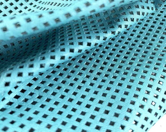 Teal Perforated Leather, Genuine Italian goatskin for leather sewing, lining, upholstery, Leather supplier, Thin leather hides