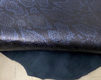 Blue black metallic Snake Print Italian Calf Skin Leather: Glossy Finish