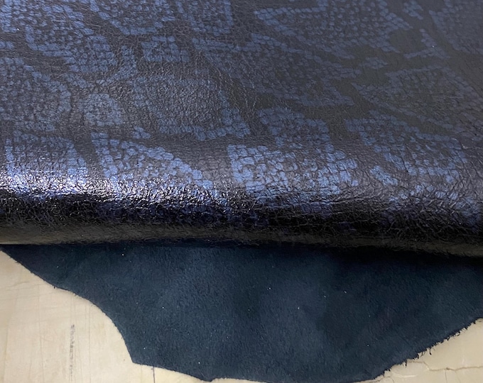 Blue black metallic Snake Print Italian Calf Skin Leather: Glossy Finish