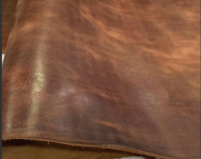 Antiqued  Vegetable Tanned  leather, Cognac  antiqued Waxed  leather hide, Leather supplies, Genuine Italian Leather  Cowhide leather hide