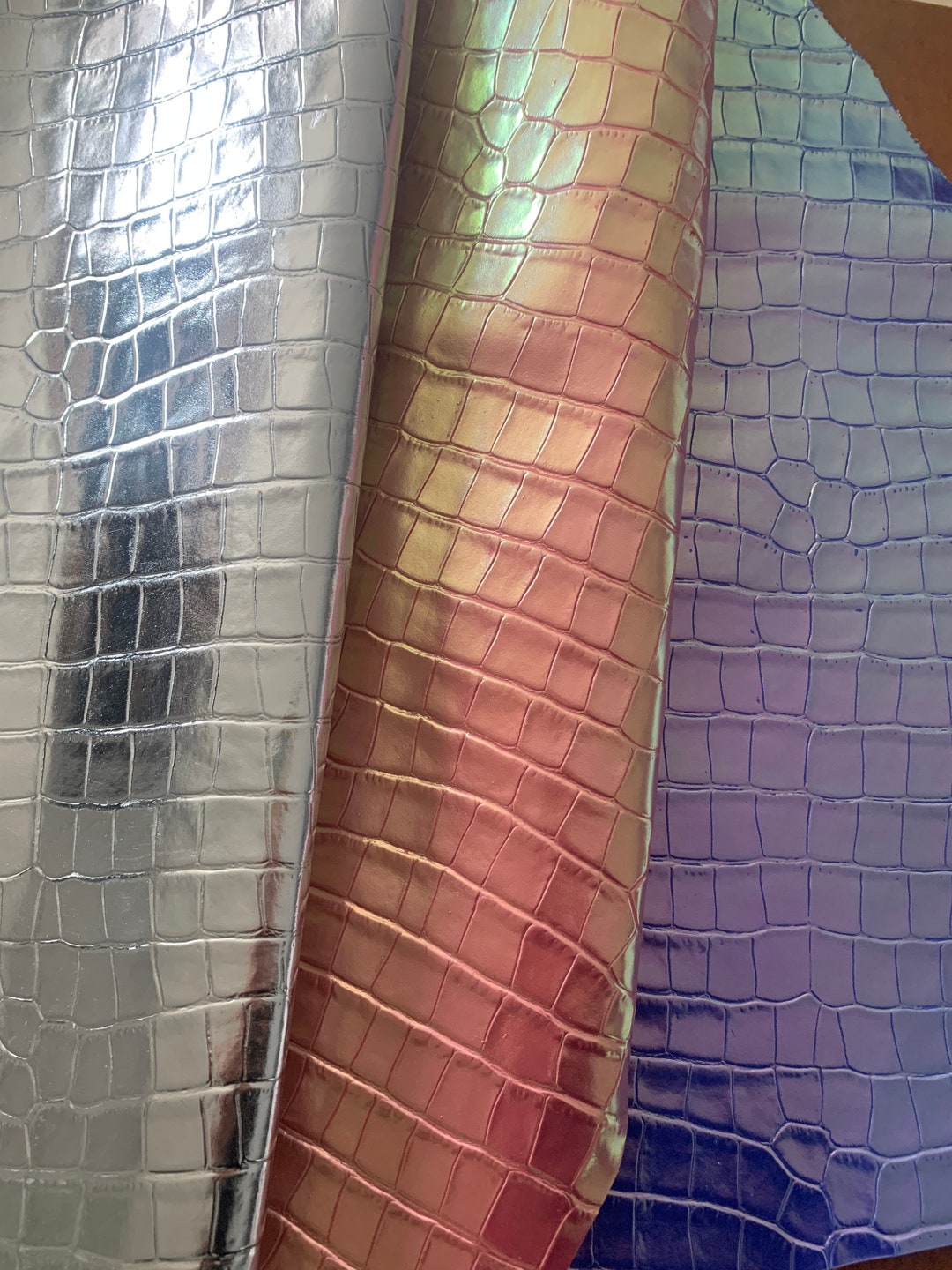 Pink Metallic Croco Leather, Sea Color Stamped Leather, Genuine Italian ...