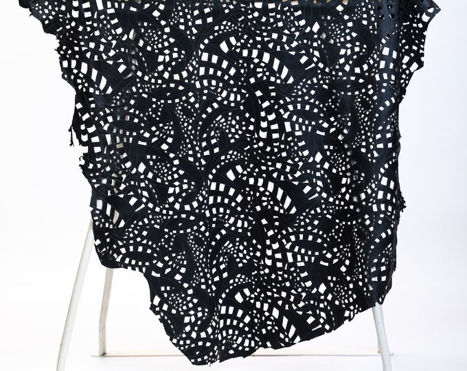 Black Laser Cut Leather with Lace Pattern – Genuine or Vegan Leather Hide – for Handbags, Clothing, Shoes, Crafts, DIY Projects