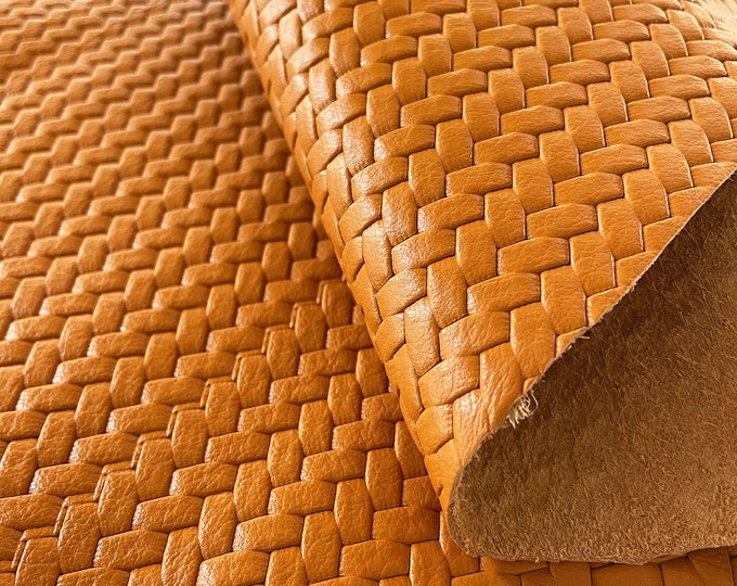 Mustard Woven Pattern Leather, Calf Skin, Split Leather, Genuine Italian Leather for Handbags, Shoemaking, Crafts and DIY, Yellow Leather