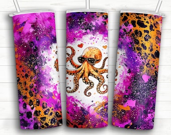 Octopus Orange Purple Abstract Leopard Seamless Tumbler - Printable/Sublimation Design- Instant Download | PNG