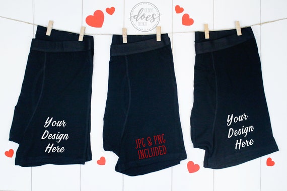 Three Black Boxer Briefs Mockup On Clothesline With Hearts