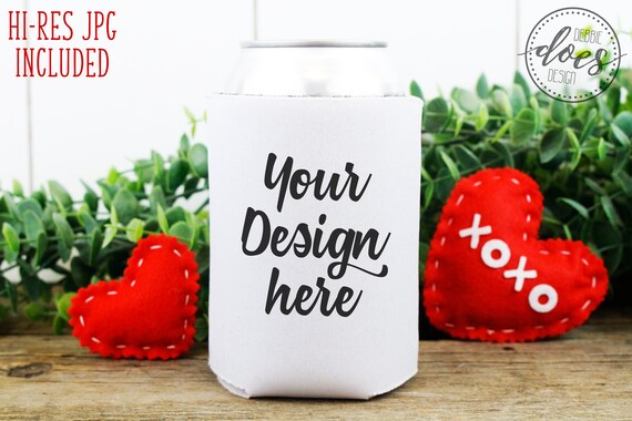 White Can Cooler With Hearts Mockup Valentine Can