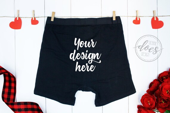Black Boxer Briefs Mockup With Hearts And Roses