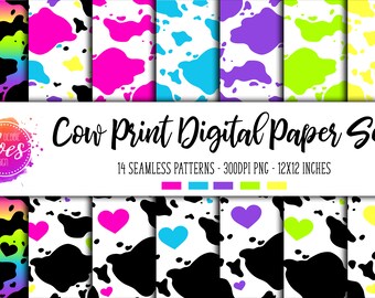 Pastel Color Cow Print Digital Papers. Cowhide in Pink Aqua Blue Gray Gold.  Scrapbook / Party Printable / CANVA Background 8.5x11 12x12 JPG