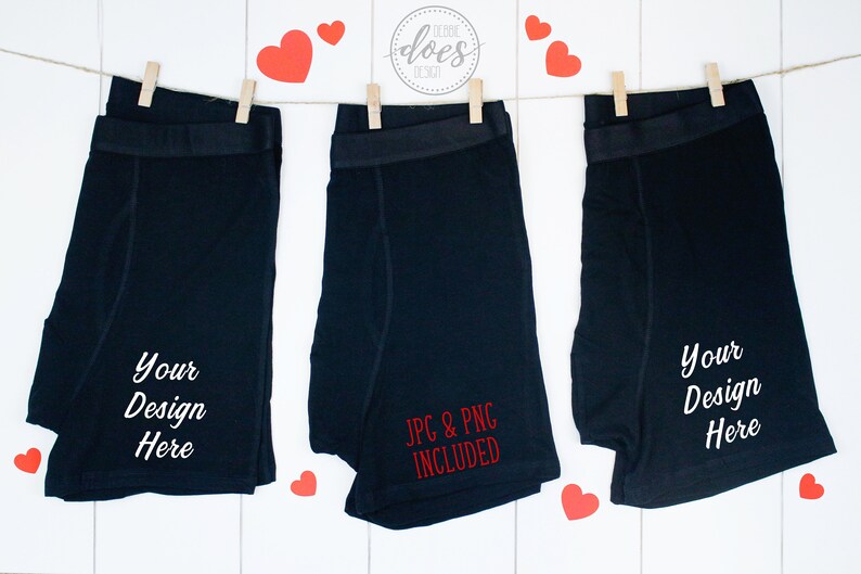 Download Three Black Boxer Briefs Mockup on Clothesline with Hearts | Etsy