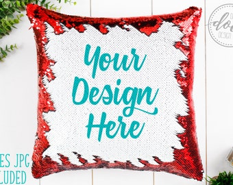 Red Sequin Pillow Mockup | Sequin Pillow Mock-Up | Blank Mock Up Photo Download