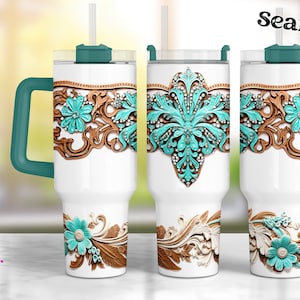3D Western Teal Bling Leather - 40oz Tumbler - Seamless - Printable/Sublimation Design
