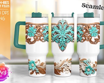3D Western Teal Bling Leather - 40oz Tumbler - Seamless - Printable/Sublimation Design
