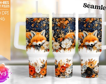 Drippy Fox in Flowers - 40oz Tumbler - Seamless - Printable/Sublimation Design