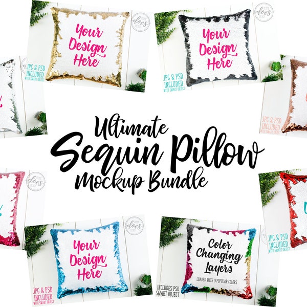 Ultieme Sequin Pillow Mockup-bundel | Kussenmodel met pailletten | Lege Mock-up foto downloaden