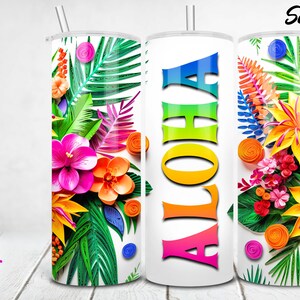 3D Tropical Flowers - Vivid on White - Aloha - 3D Tumbler Wrap - Printable/Sublimation Design - Instant Download | JPG