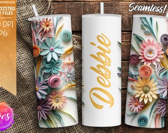 3D Soft Pastel Wildflowers - 3D Tumbler Wrap - Blank -  Paper Quilling - Sublimation Design - Instant Download | Sublimation | JPG