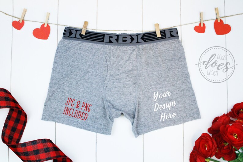 Grey Boxer Briefs Mockup on Clothesline with Roses Etsy
