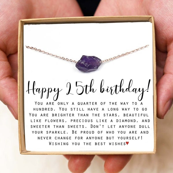 Personalized birthstone Necklace With Card Happy 25 Birthday Custom raw stone Necklace 25th Birthday Necklace Gift for Her 25 year old Gift