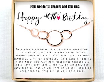 Happy 40th birthday ,40th 41st 42nd 43rd 44th 45th 46th birthday, gift for her, 40th birthday jewelry, necklace with four rings four decades