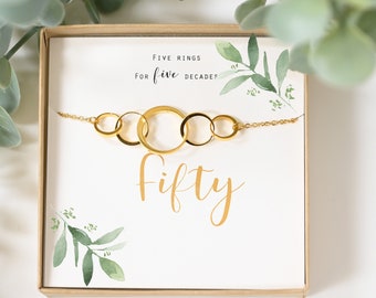 50th Birthday Necklace: Five Interlocking Rings, Rose Gold gold silver happy 50th birthday gifts for her