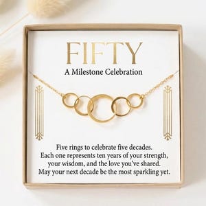 50th Birthday Necklace: Five Interlocking Rings, Rose Gold gold silver happy 50th birthday gifts for her