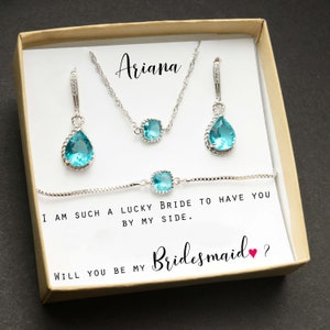 Personalized Bridesmaid Gift With Card Gift Box Bridesmaid Proposal Bridesmaid necklace earring aquamarine something blue Bridesmaid Jewelry