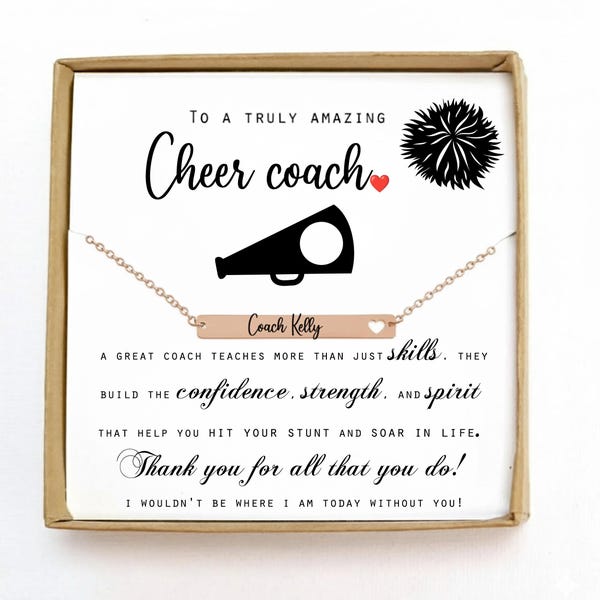 Personalized cheer Coach Necklace: Engraved Bar Pendant, Adjustable Chain for cheer coach cheer team instructor