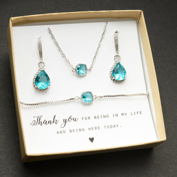 Aquamarine blue light blue  silver Personalized Bridesmaid Gift teal blue Jewelry Bridesmaid Earrings Necklace Bracelet Bridal Party Gift