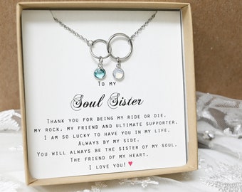 Soul Sister Necklace with Card Best Friend Gift Personalized Gift Birthday Best Friends Forever Two interlocking circles with birthstones