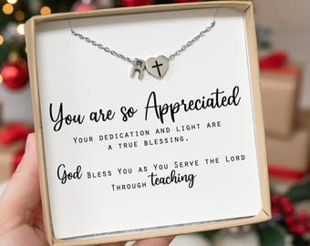 Teacher appreciation gift personalized gift religious volunteer and missionary jewelry catholic Christian school teacher INS heart initial