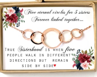 Set of 5 NECKLACES/OR BRACELETS sister gift  matching necklaces  five sisters necklaces five  5 interlocking circles Christmas gift