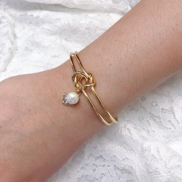 Knot bracelet gold know bridesmaid gift set earrings necklace fresh water pearl personalized   bridesmaid bracelet CELESTIAL CRESCENT