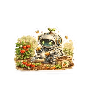 May include: A sticker illustration of a small, round robot with a sprout on its head, watering a garden of red tomatoes with a metal watering can. A brown sack of soil sits nearby with a small card featuring a carrot illustration and a bee.