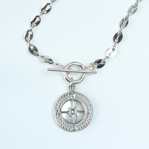 Silver Compass Necklace, Silver Necklace, Toggle Necklace, Rhodium Mariner chain shell pendant necklace, Graduation Gift, Gift for her