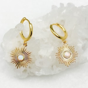 Gold Earrings, Opal Hoop Earrings, Sunburst earrings, Gold Hoop Earrings, Opal Earrings, gold hoop Earrings, Birthday Gifts for her