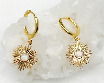 Gold Earrings, Opal Hoop Earrings, Sunburst earrings, Gold Hoop Earrings, Opal Earrings, gold hoop Earrings, Birthday Gifts for her