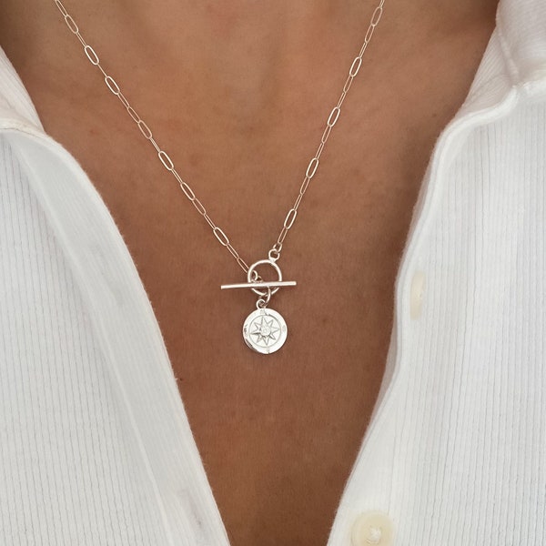 Silver Compass Necklace, paperclip chain necklace with toggle closure, silver necklace, dainty necklace, Graduation Gift, gift