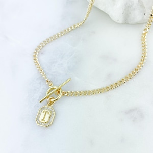 14k Gold Initial necklace, Initial Tag with Toggle closure, Curb Chain Toggle Necklace, Personalized Gift, Gold necklace, Birthday Gift