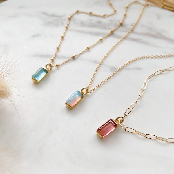 14k Gold necklace, Birthstone Necklace, Necklace, for mom, Baguette, Gift for her, Necklaces for women, amethyst necklace, opal