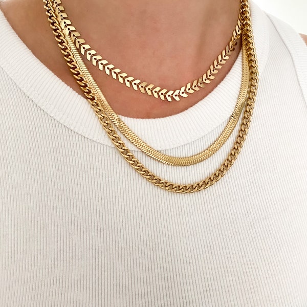 Gold Necklace, Waterproof Jewelry, Necklaces for women, Herringbone chain, Snake necklace, thick chain necklace, anti-tarnish jewelry gift