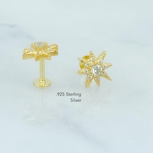 Flat Back Earring, Sun Screw in earring, Tragus Earring, Cartilage Earring, Gift for Her, 14k gold sterling silver, Stud Earrings, PAIR of 2