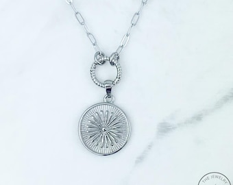 Silver paperclip chain necklace with charm ring closure, Silver necklace, charm Medallion Necklace, Sun Necklace, jewelry gift for her